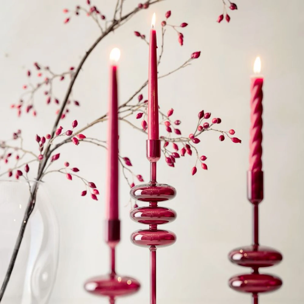 18" Twisted Cranberry Taper Candles, Set of 2