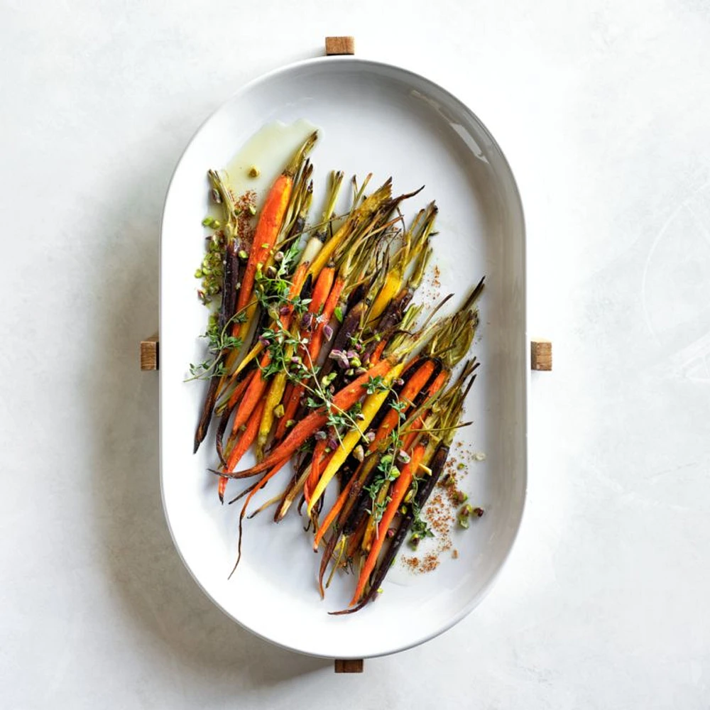 Oven-to-Table Oval Serving Platter with Wood Stand