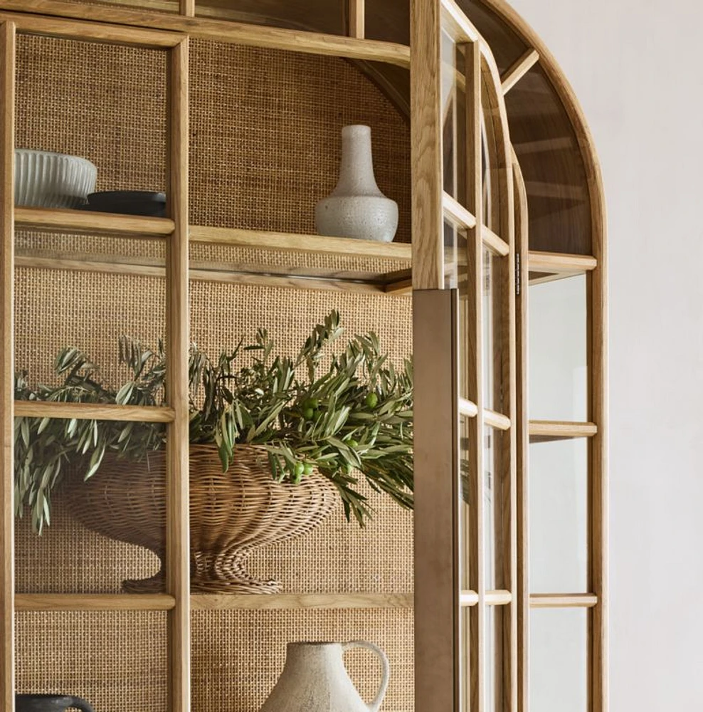 Atrium White Oak and Rattan 4-Shelf Lighted Storage Cabinet
