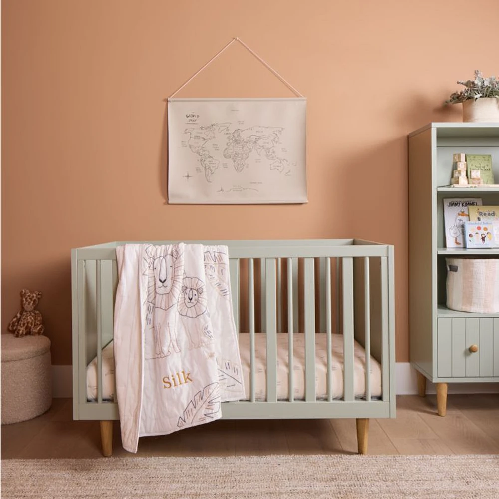 Finn Sage Green Wood Convertible Baby Crib with Toddler Bed Rail