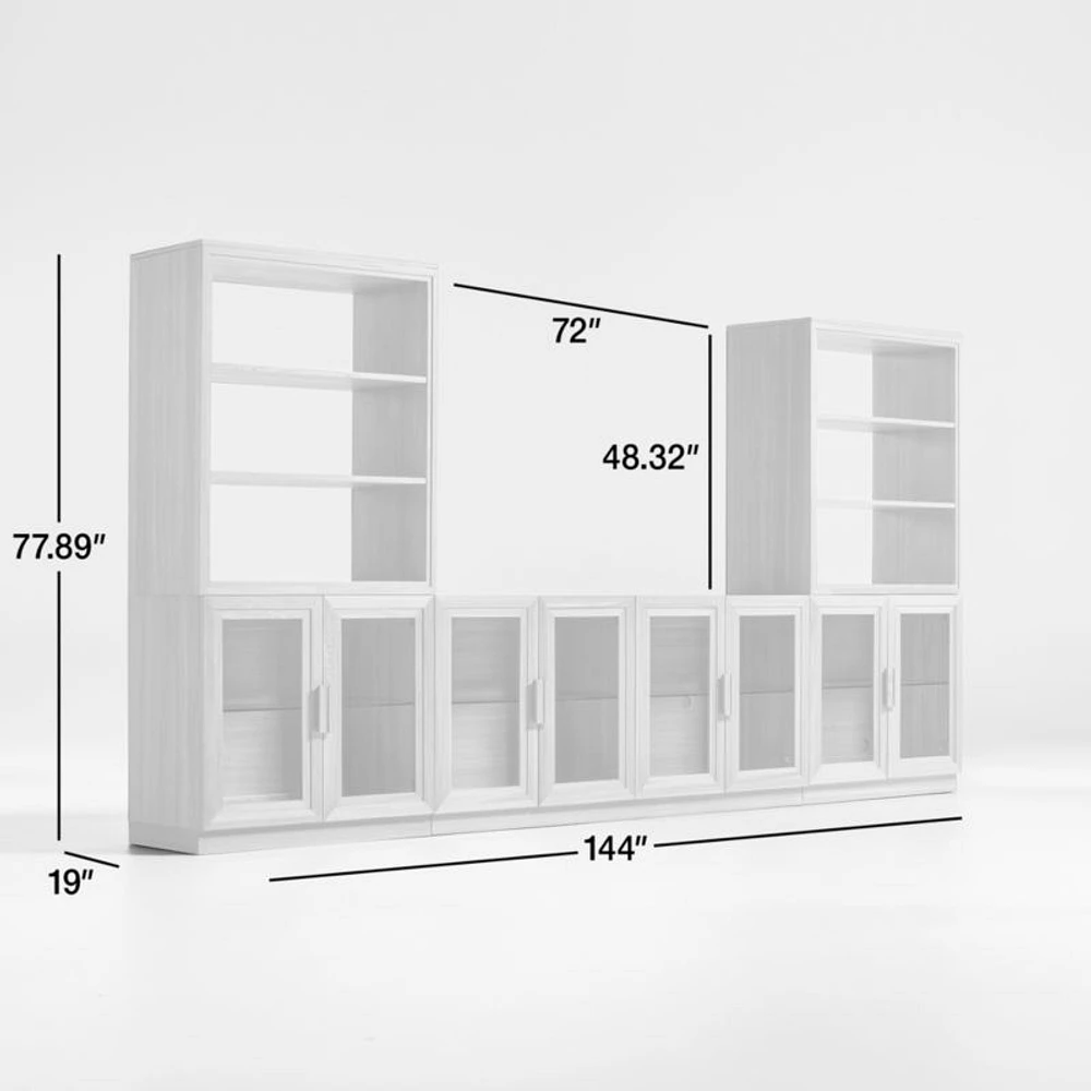Calypso Natural Elm Wood 72" Storage Media Console with 2 Glass-Door Bases and 2 Modular Hutch Bookcases