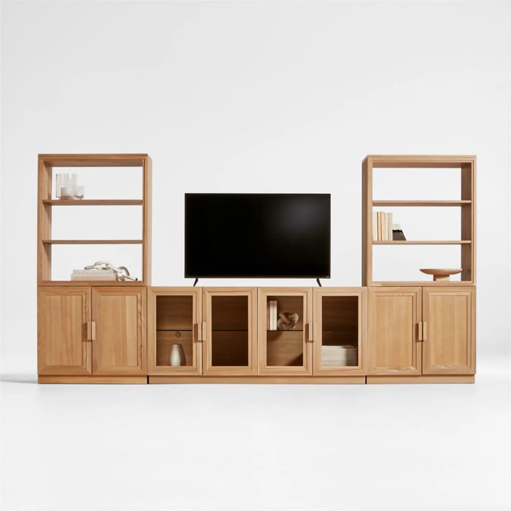 Calypso Natural Elm Wood 72" Storage Media Console with 2 Modular Wood-Door Bases and 2 Hutch Bookcases