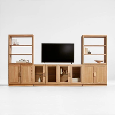 Calypso Natural Elm Wood 72" Storage Media Console with 2 Modular Wood-Door Bases and 2 Hutch Bookcases
