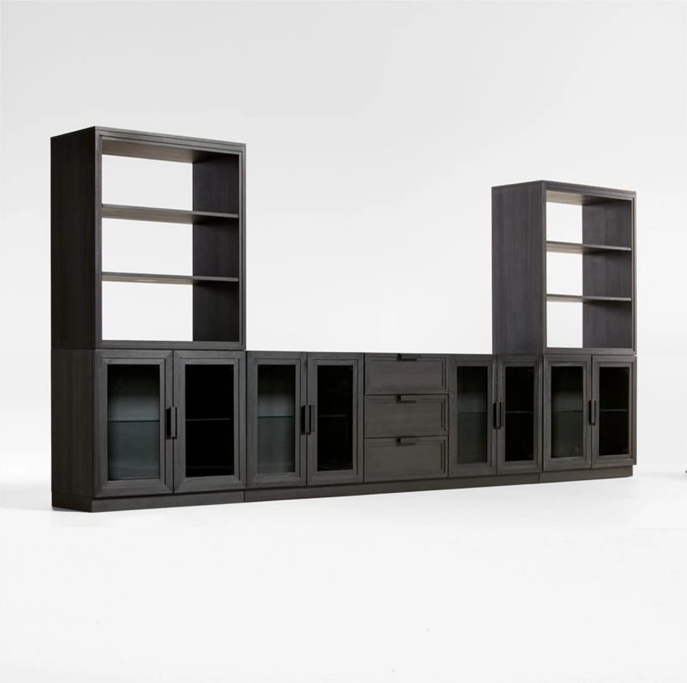 Calypso Black Elm Wood 90" Storage Media Console with 2 Modular Glass-Door Cabinet Bases and 2 Bookshelf Hutches