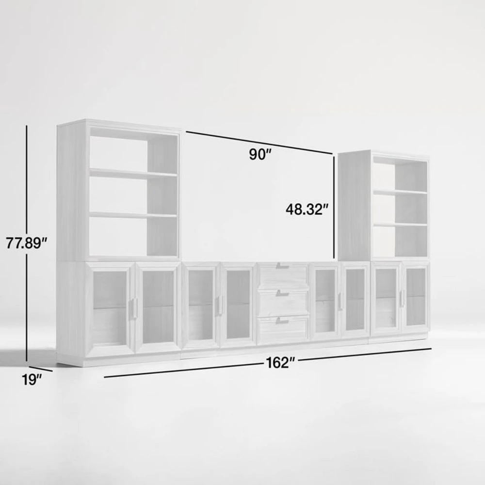 Calypso Natural Elm Wood 90" Storage Media Console with 2 Modular Glass-Door Cabinet Bases and 2 Bookshelf Hutches