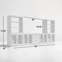 Calypso Natural Elm Wood 90" Storage Media Console with 2 Modular Glass-Door Cabinet Bases and 2 Bookshelf Hutches