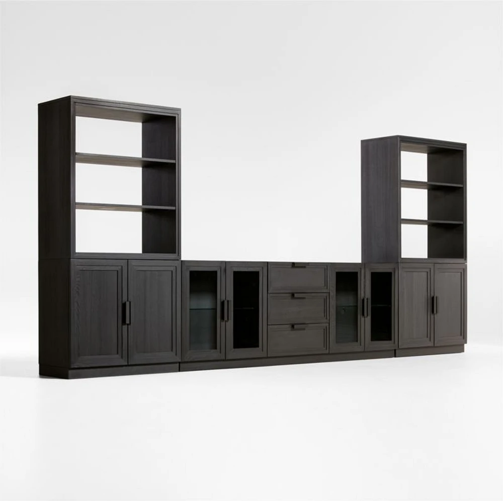 Calypso Black Elm Wood 90" Storage Media Console with 2 Modular Elm Wood-Door Cabinet Bases and 2 Bookshelf Hutches