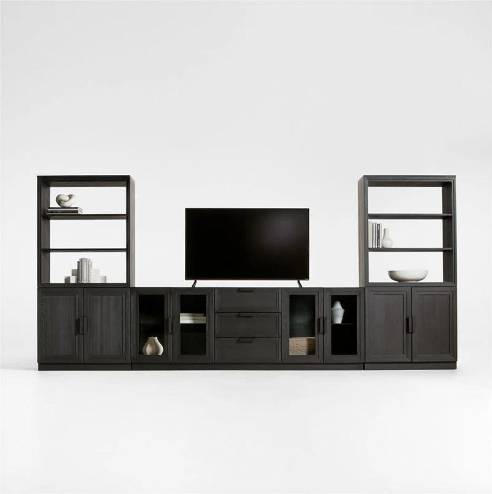 Calypso Black Elm Wood 90" Storage Media Console with 2 Modular Elm Wood-Door Cabinet Bases and 2 Bookshelf Hutches