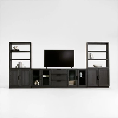 Calypso Black Elm Wood 90" Storage Media Console with 2 Modular Elm Wood-Door Cabinet Bases and 2 Bookshelf Hutches