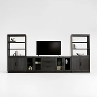 Calypso Black Elm Wood 90" Storage Media Console with 2 Modular Elm Wood-Door Cabinet Bases and 2 Bookshelf Hutches