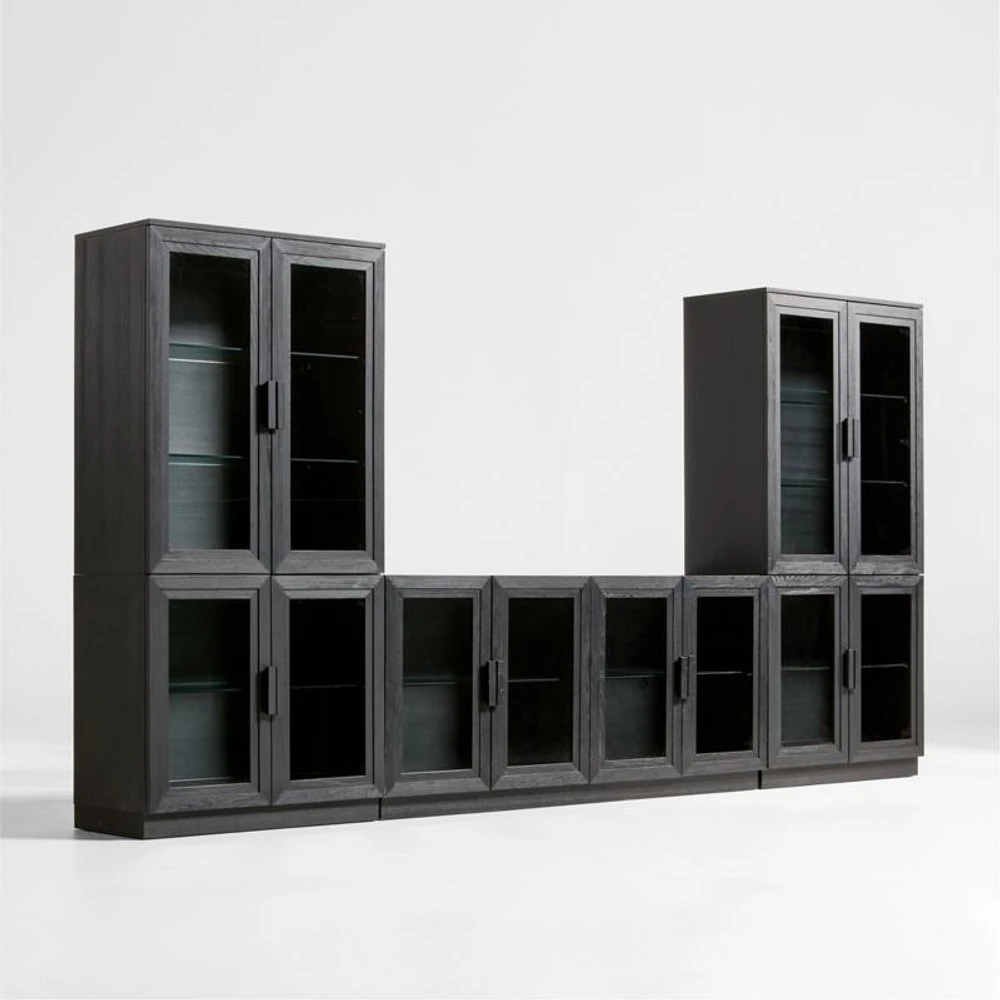 Calypso Black Elm Wood 72" Storage Media Console with 2 Modular Glass-Door Cabinet Bases and 2 Glass-Door Hutches