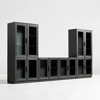 Calypso Black Elm Wood 72" Storage Media Console with 2 Modular Glass-Door Cabinet Bases and 2 Glass-Door Hutches