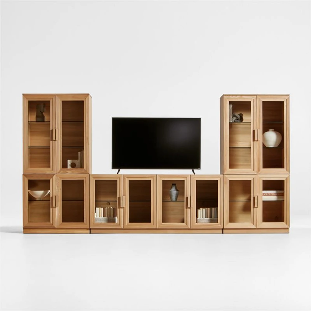 Calypso Natural Elm Wood 72" Storage Media Console with 2 Modular Glass-Door Cabinet Bases and 2 Glass-Door Hutches