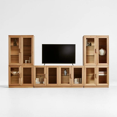 Calypso Natural Elm Wood 72" Storage Media Console with 2 Modular Glass-Door Cabinet Bases and 2 Glass-Door Hutches