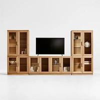 Calypso Natural Elm Wood 72" Storage Media Console with 2 Modular Glass-Door Cabinet Bases and 2 Glass-Door Hutches
