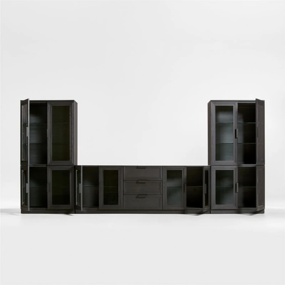 Calypso Black Elm Wood 90" Storage Media Console with 2 Modular Glass-Door Cabinet Bases and 2 Glass-Door Hutches