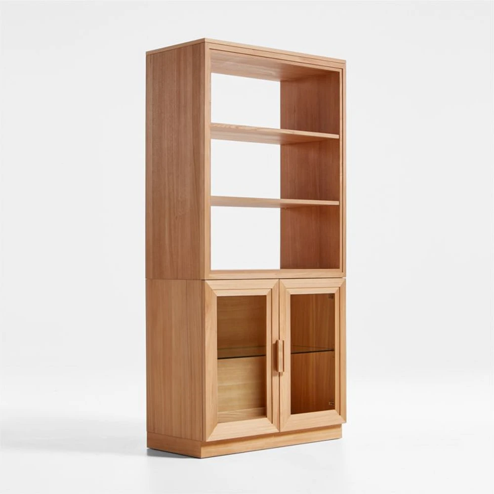 Calypso Natural Elm Wood Modular Glass-Door Base and Bookshelf Hutch