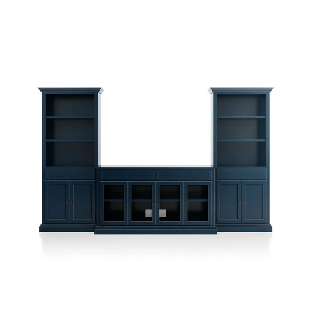 Cameo Indigo 3-Piece Glass Door Entertainment Center with Storage Bookcases