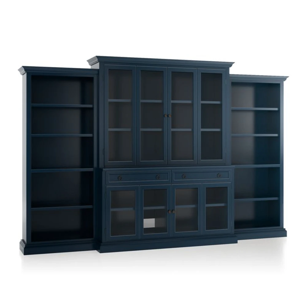 Cameo Indigo 4-Piece Glass Door Wall Unit with Open Bookcases