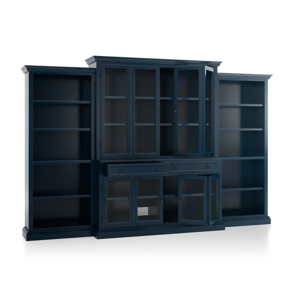 Cameo Indigo 4-Piece Glass Door Wall Unit with Open Bookcases