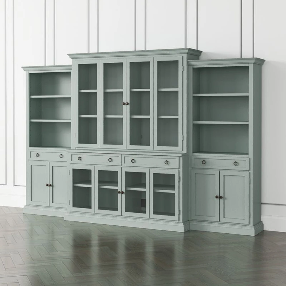 Cameo Blue Grey 4-Piece Glass Door Wall Unit with Storage Bookcase
