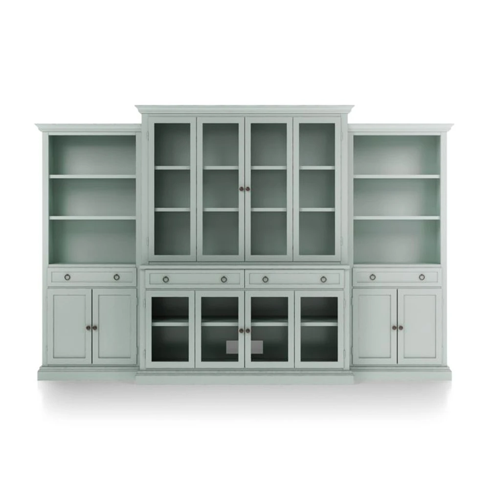 Cameo Blue Grey 4-Piece Glass Door Wall Unit with Storage Bookcase