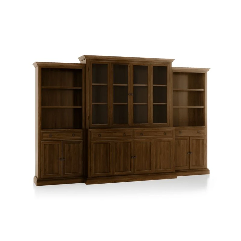 Cameo Nero Noce 4-Piece Glass and Wood Door Wall Unit with Storage Bookcase
