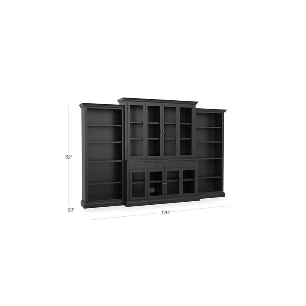 Cameo 4-Piece Modular Bruno Black Glass Door Wall Unit with Open Bookcases