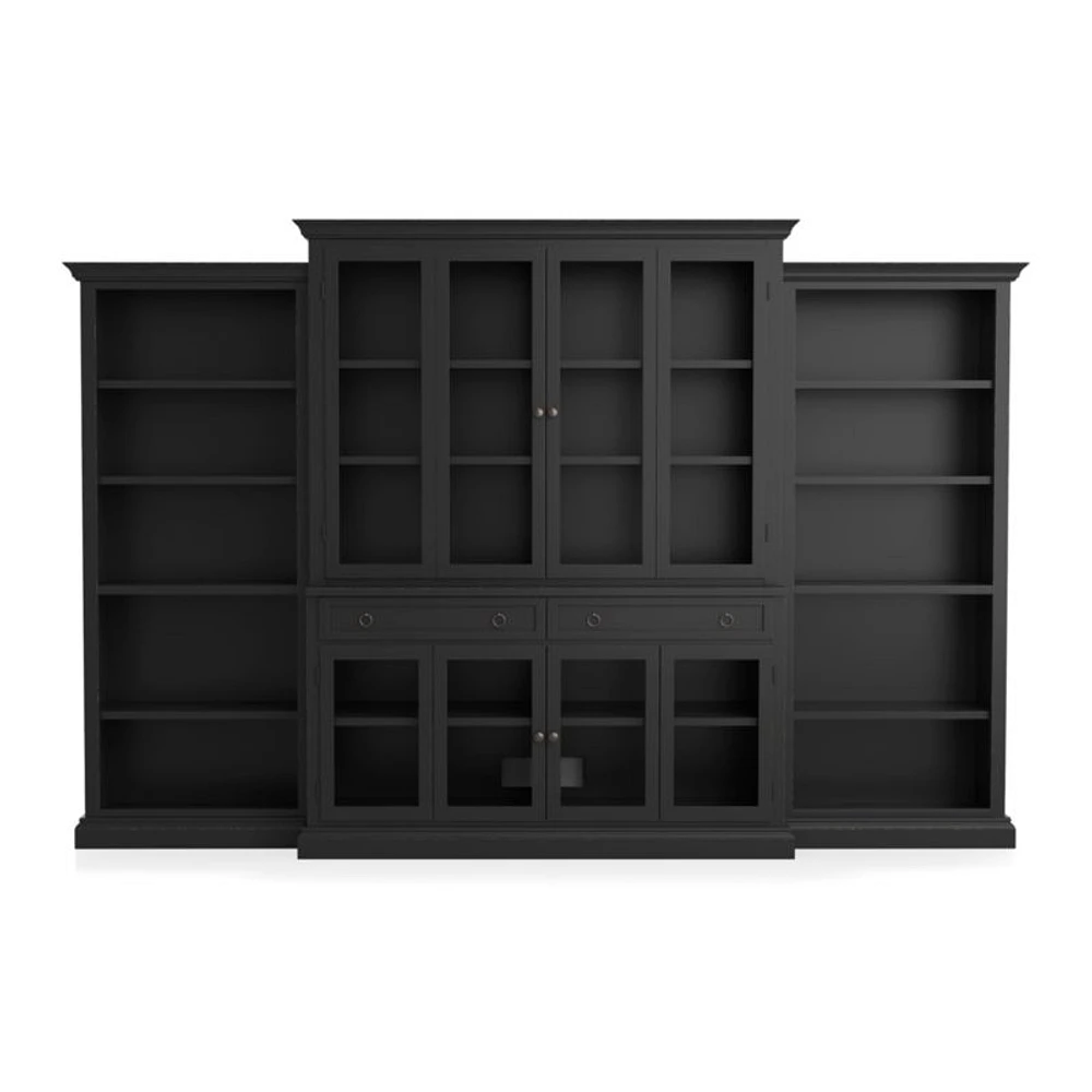 Cameo 4-Piece Modular Bruno Black Glass Door Wall Unit with Open Bookcases