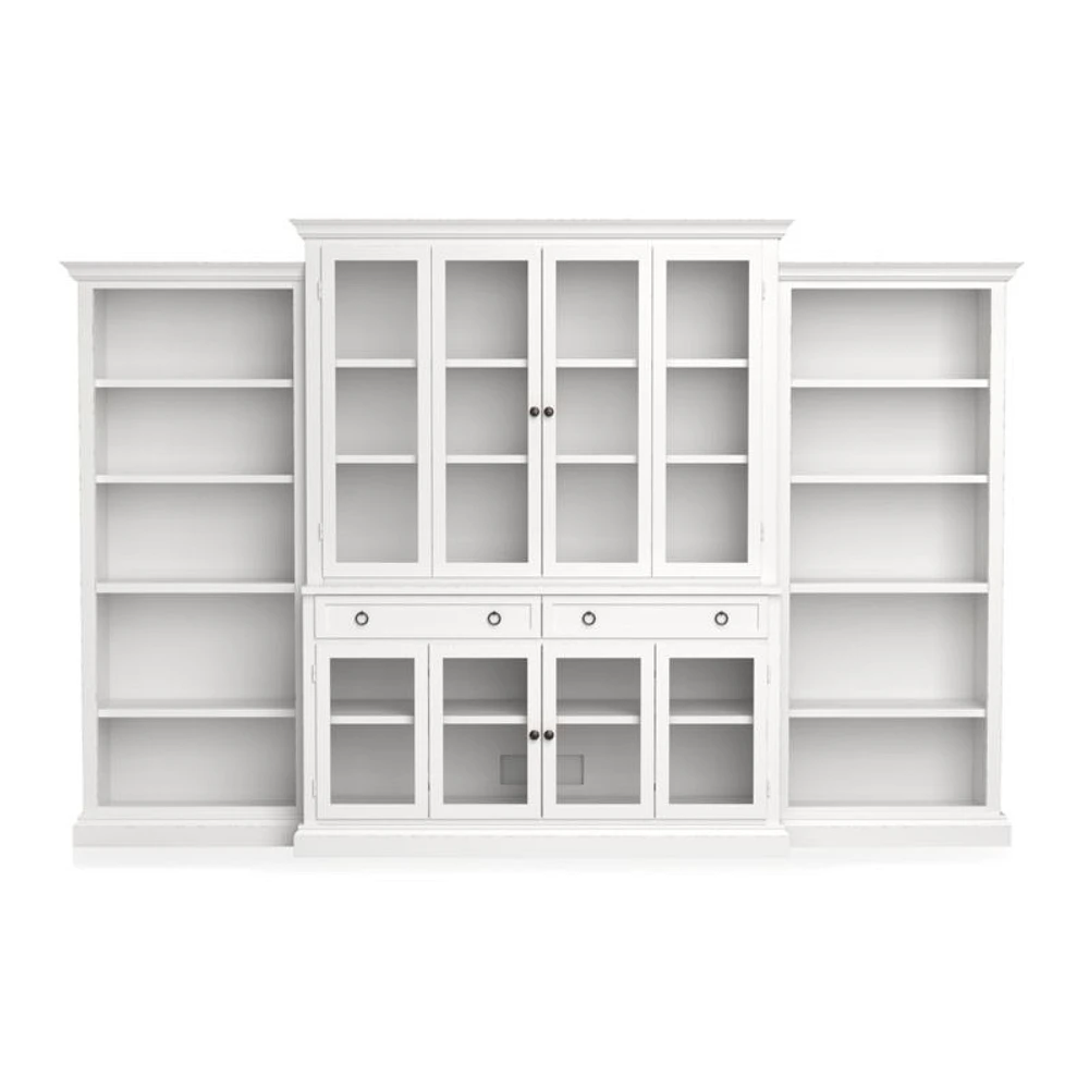 Cameo 4-Piece Modular White Glass Door Wall Unit with Open Bookcases