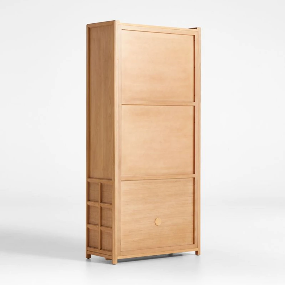Campagna 93" Rattan and Natural Oak Wood 3-Shelf Storage Bookcase Cabinet