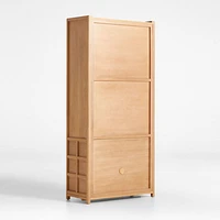 Campagna 93" Rattan and Natural Oak Wood 3-Shelf Storage Bookcase Cabinet