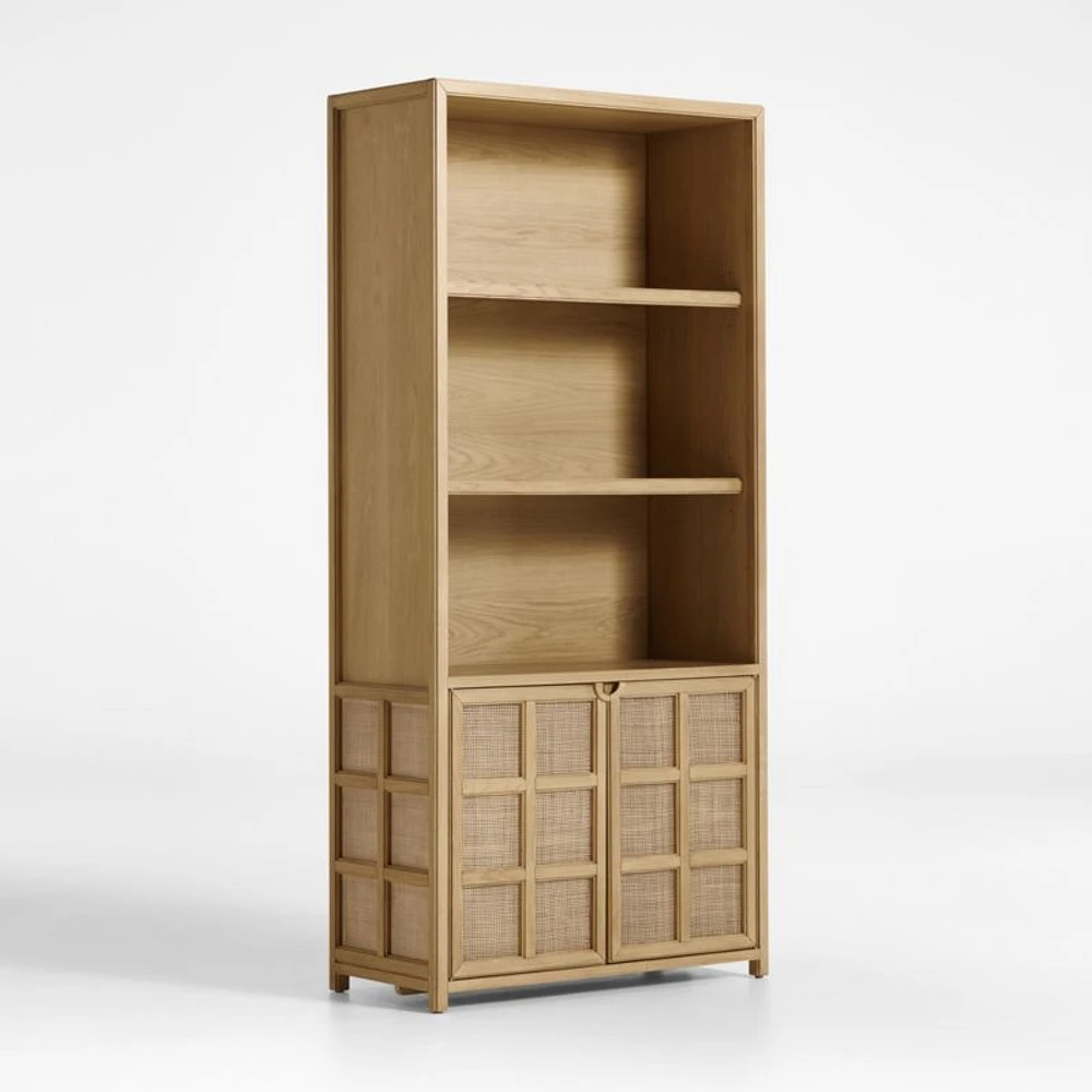 Campagna 93" Rattan and Natural Oak Wood 3-Shelf Storage Bookcase Cabinet