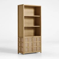 Campagna 93" Rattan and Natural Oak Wood 3-Shelf Storage Bookcase Cabinet