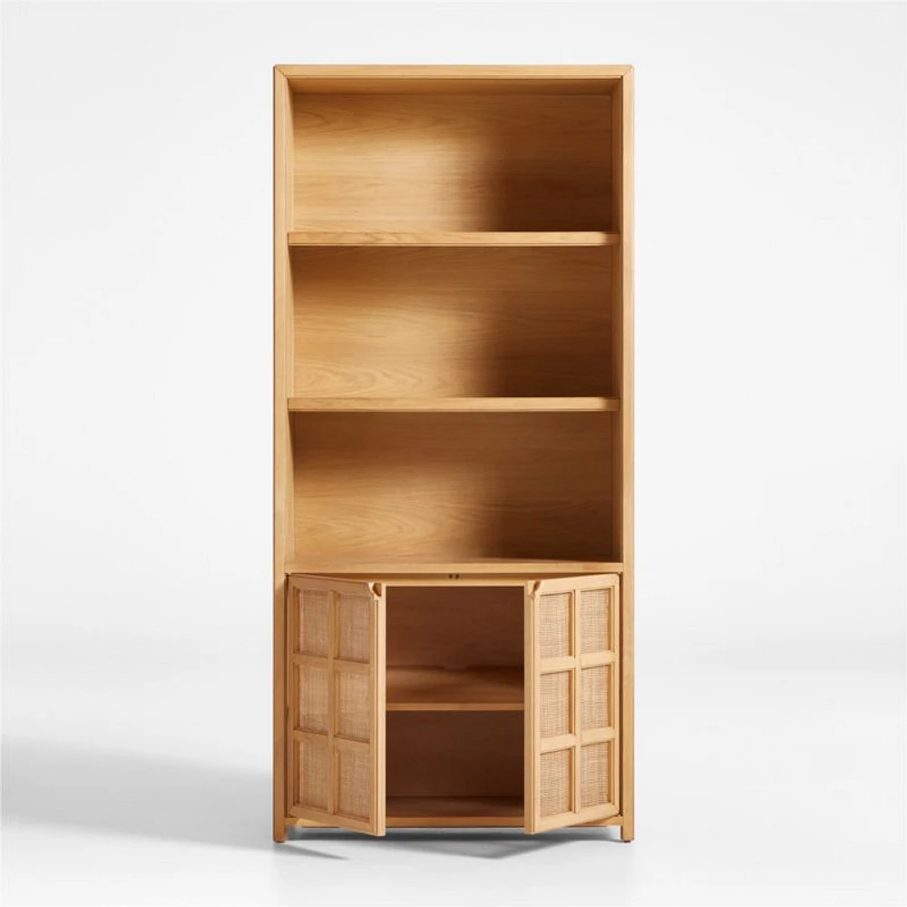 Campagna 93" Rattan and Natural Oak Wood 3-Shelf Storage Bookcase Cabinet