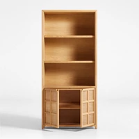 Campagna 93" Rattan and Natural Oak Wood 3-Shelf Storage Bookcase Cabinet