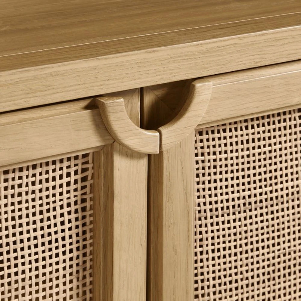 Campagna 93" Rattan and Natural Oak Wood 3-Shelf Storage Bookcase Cabinet