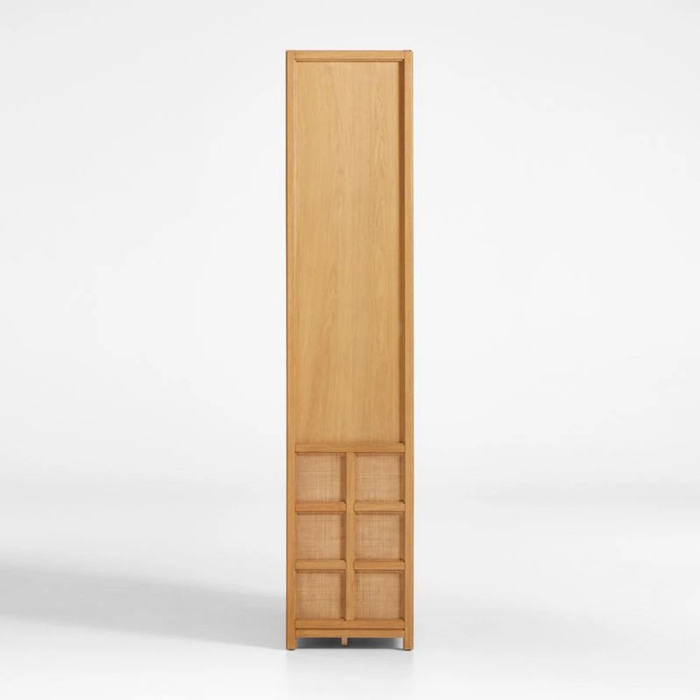 Campagna 93" Rattan and Natural Oak Wood 3-Shelf Storage Bookcase Cabinet