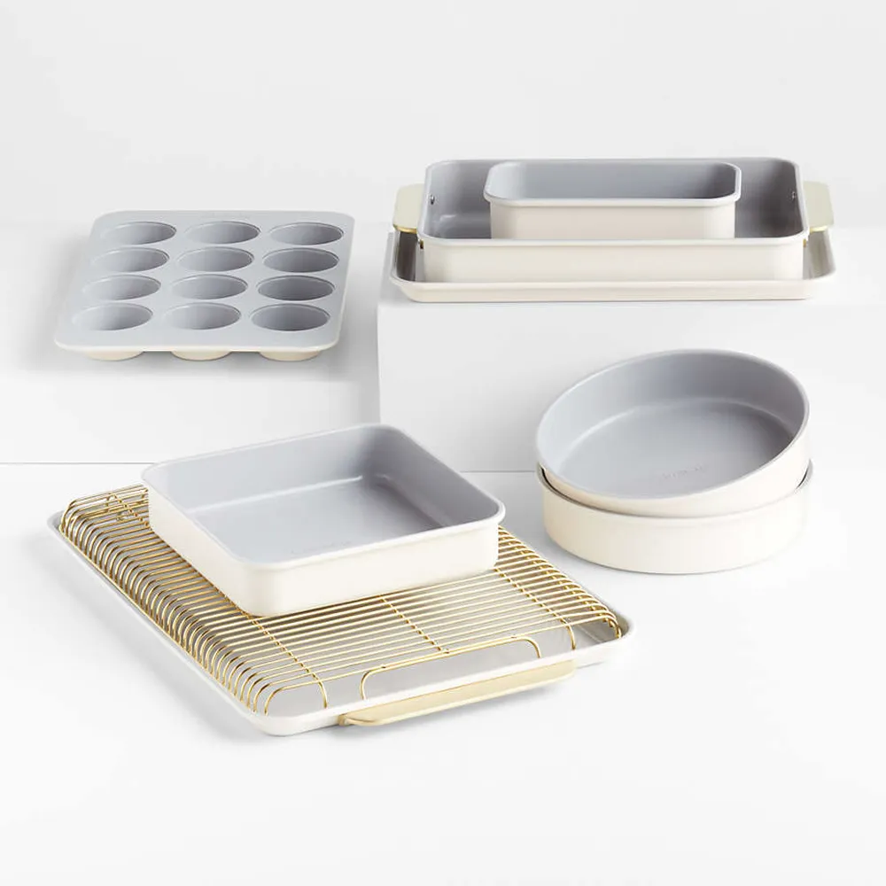 Crate&Barrel Caraway Home 7-Piece Cream Ceramic Non-Stick Cookware Set with  Gold Hardware