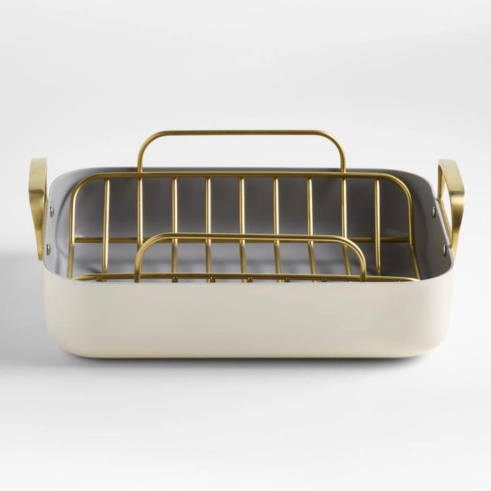 Caraway ® Cream Ceramic Non-Stick Roasting Pan with Rack & Gold Hardware