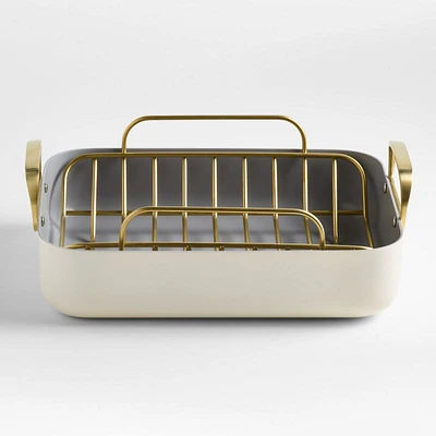 Caraway ® Cream Ceramic Non-Stick Roasting Pan with Rack & Gold Hardware