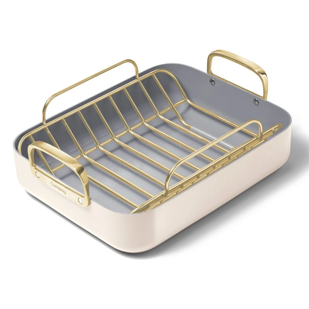 Caraway ® Cream Ceramic Non-Stick Roasting Pan with Rack & Gold Hardware