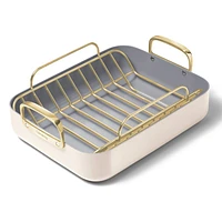 Caraway ® Cream Ceramic Non-Stick Roasting Pan with Rack & Gold Hardware