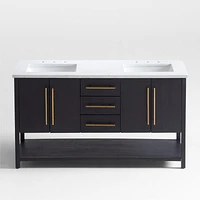 Carmen 60" White Marble Top Double Sink Black Ash Wood Vanity with Shelf