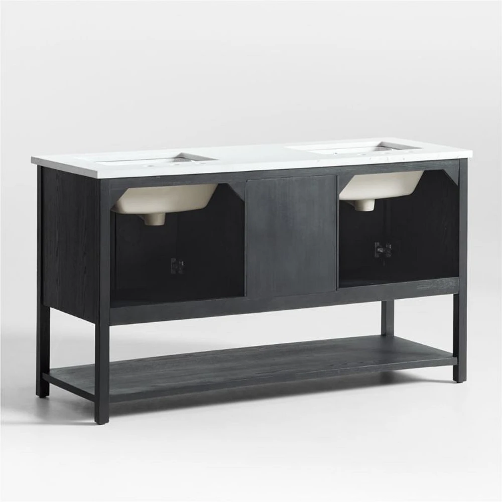 Carmen 60" White Marble Top Double Sink Black Ash Wood Vanity with Shelf