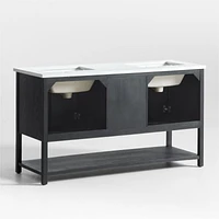 Carmen 60" White Marble Top Double Sink Black Ash Wood Vanity with Shelf