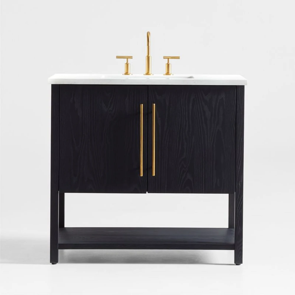 Carmen 36" White Marble Top Single Sink Black Ash Wood Vanity with Shelf