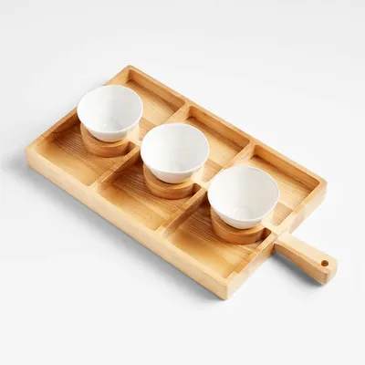 Carson Small Sectioned Ash Wood Serving Board with Marin White Mini Bowls 4-Piece Serveware Set