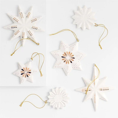 Gold and White Ceramic Snowflake Christmas Tree Ornaments, Set of 6
