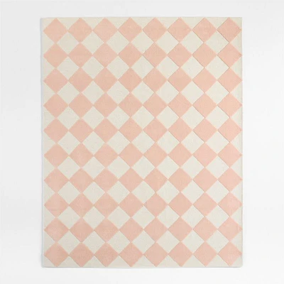 Checkerboard Pink Wool Kids Area Rug 6x9